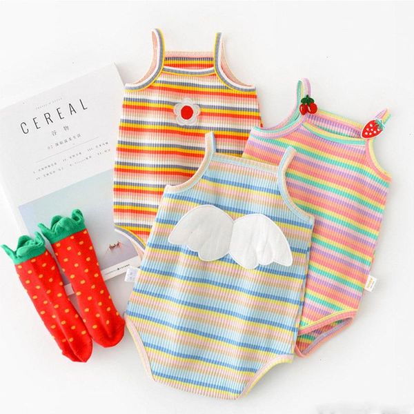 

baby girls summer romper cotton bodysuits rainbow stripe cute wings infants onepiece clothes sleeveless playsuits, Blue