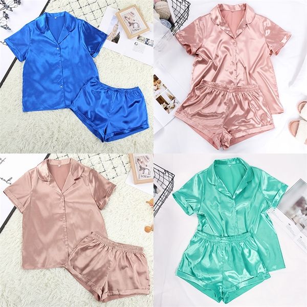 

solid color satin pajamas with shorts sleepwear suit silk pyjama for women short sleeve casual pajama set homewear spring 220421, Black;red