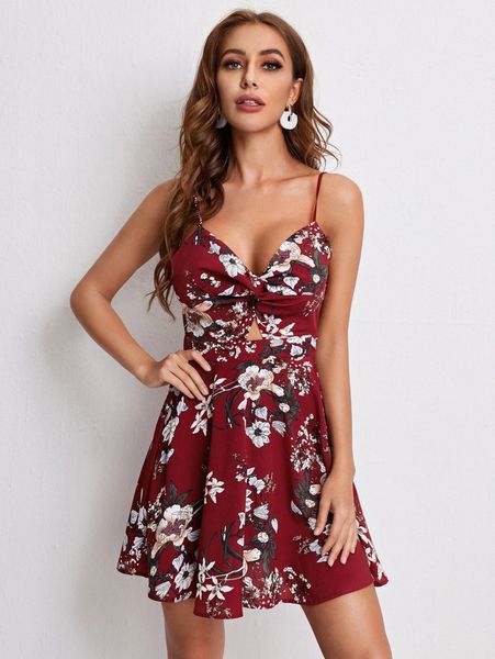 

twist front peekaboo floral cami dress 98tt#, Black;gray