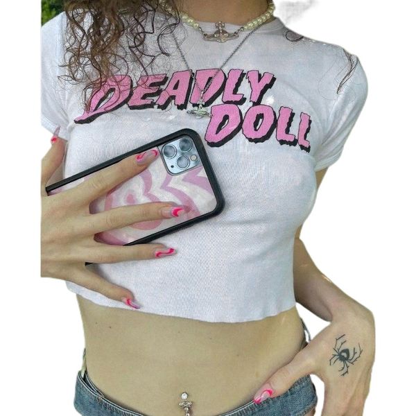 

2022 spring and summer new european and american women's round neck letter printing short sleeve umbilical stretch t-shirt jacket r6f7#, White