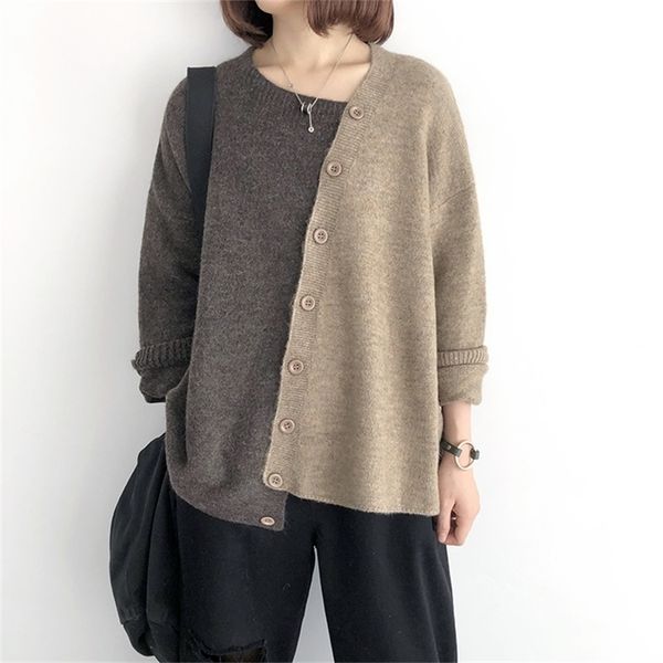 

johnature women patchwork color autumn sweaters cardigan vintage fall loose irregular long sleeve female sweaters coat 201225, White;black