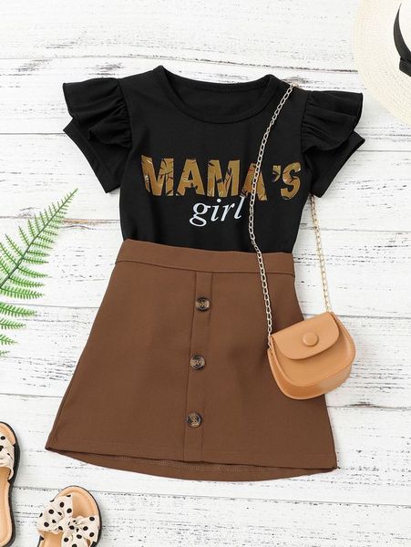 

toddler girls letter graphic ruffle trim tee & fake button skirt she, White