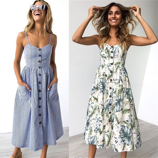 

fashion women sleeveless backelss summer dress black white casual vestidos strap dresses button midi sundress 220608, Black;gray