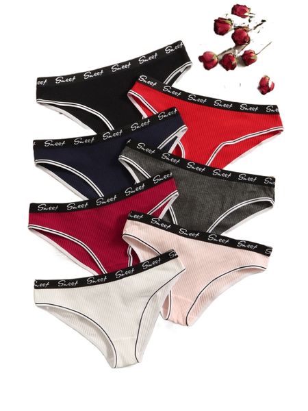 

7pack contrast letter tape striped trim panty k8km#, Black;red