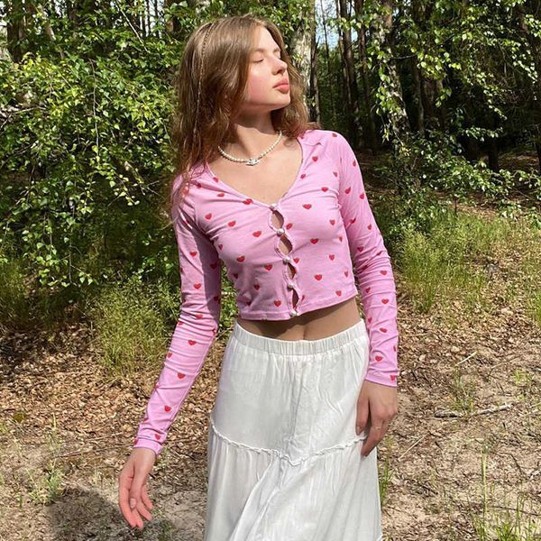 

22fw summer strawberry print t shirt hollow out long sleeve european american women navel revealing casual, White