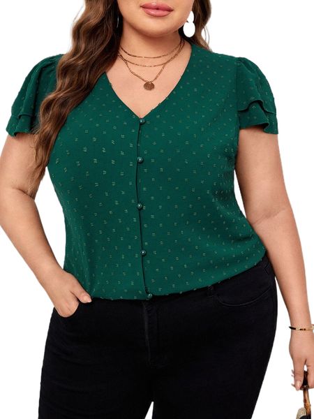 

plus swiss dot butterfly sleeve button front blouse 97kz#, Black