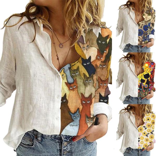 

women long sleeve printing shirts shirt fashion buttons sunflower cats patchwork blouses office, White