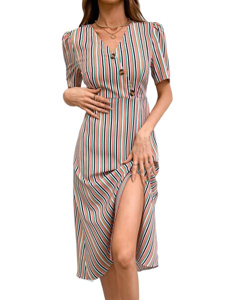 

striped print split thigh dress 25qu#, Black;gray