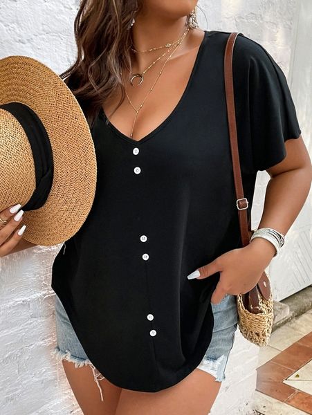

plus fake button batwing sleeve tee o1vc#, Black