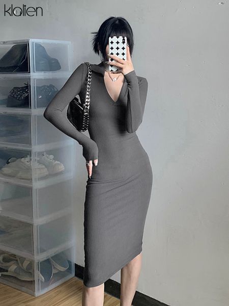 

autumn long sleeve turn-down collar solid rib knit skinny stretch long bodycon women dress office lady streetwear, Black;gray