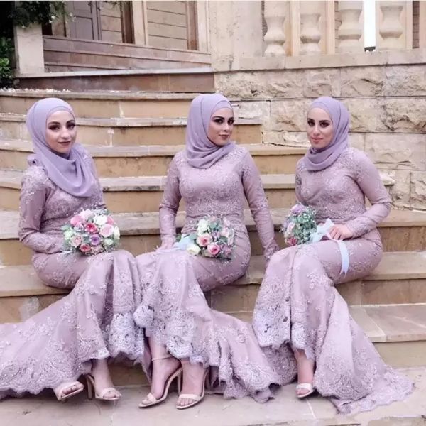 

muslim bridesmaid dresses long sleeve mermaid lace arabic wedding guest dress formal evening dresses prom party gowns custom size, White;pink