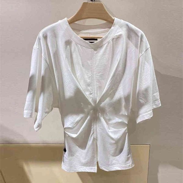 

women's t-shirt french minority spring summer knot foreign style design t-shirt slim fit and versatile short sleeve simple women ins, White