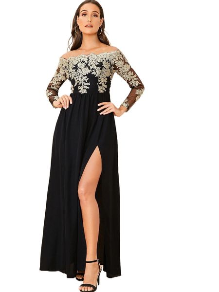 

embroidered mesh bodice high split bardot dress f8ys#, Black;gray