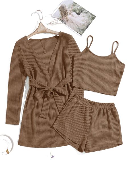 

3pcs waffle knit belted lounge set 95uh#, Black;red