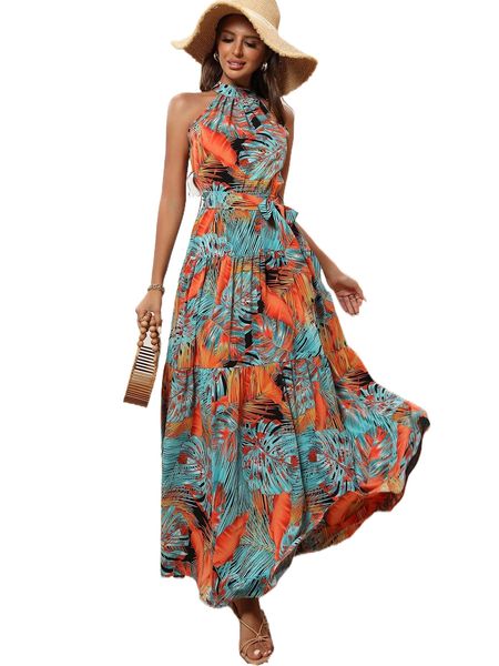 

tropical print belted halter dress x9ol#, Black;gray