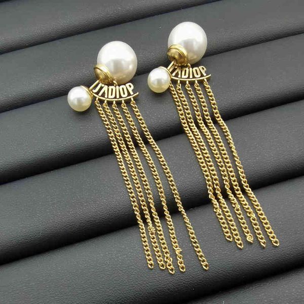 

2022 factory wholesale new di celebrities front and back pearl long tassel simple earrings female 3hog, Golden