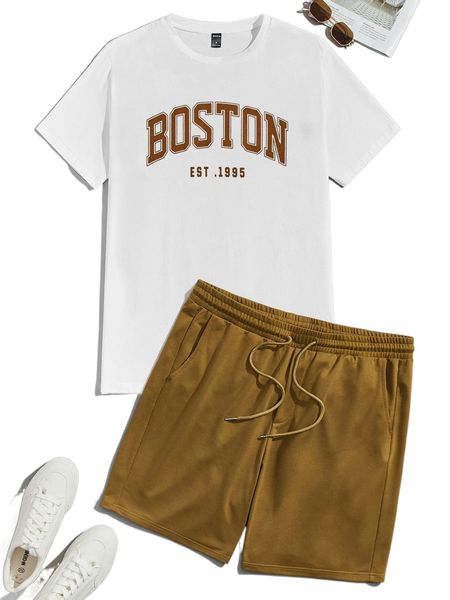 

men letter graphic tee & drawstring waist track shorts o3sl#, Gray