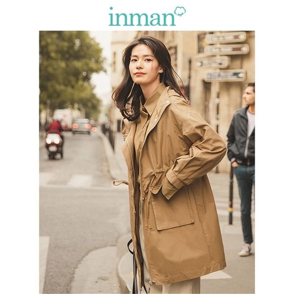 

inman spring autumn casual hooded literary deep khaki drop-shoulder fashion women coat lj200903, Tan;black