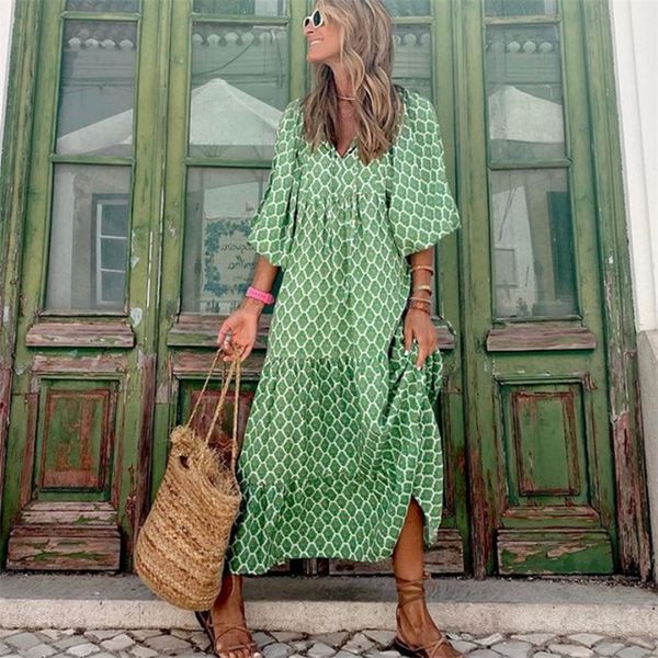 Manga Puff Boho Maxi Dress Mulheres Elegantes Verão Casual Floral String Vneck Vestidos de praia soltos de férias Vestidos 220727