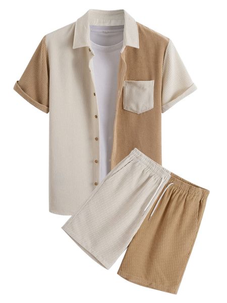 

men two tone corduroy shirt & drawstring waist shorts without tee a5p4#, Gray
