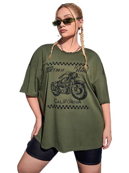 

plus slogan & motorcycle print drop shoulder tee c3it#, Black