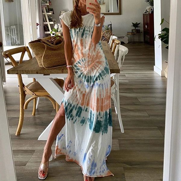 

casual dresses women's new print slit casual beach holiday loose maxi dress, Black;gray