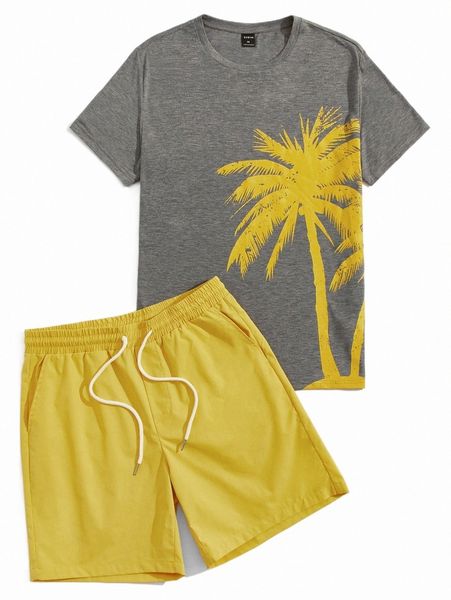 

men palm tree print tee & drawstring waist shorts t7gk#, Gray