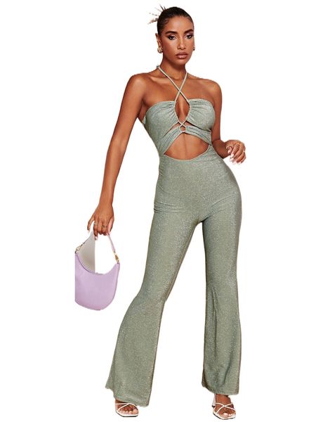 

cut out tie backless flare leg halter jumpsuit 38gs#, Black;white
