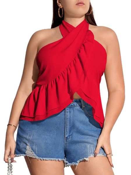 

plus ruffle trim shirred tie back halter a97u#, Black