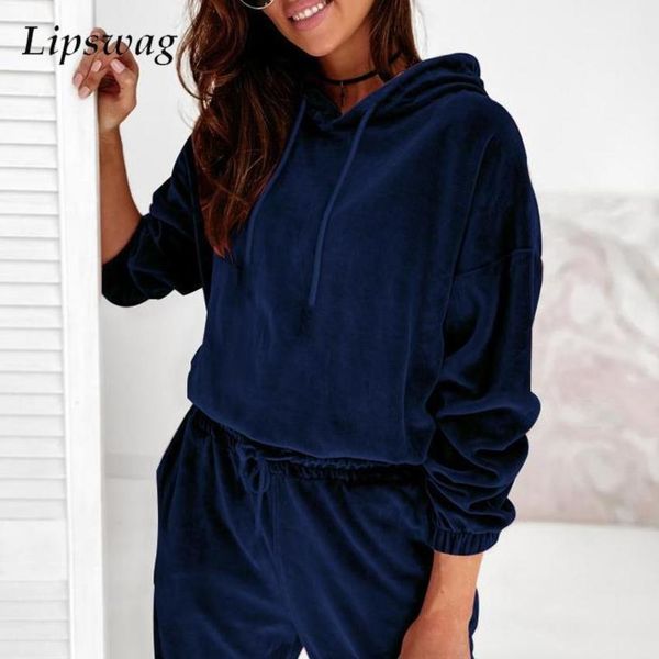 

autumn winter hoodies tracksuit women casual velvet pants two piece set sweatshirts fashion drawstring solid matching sets, White