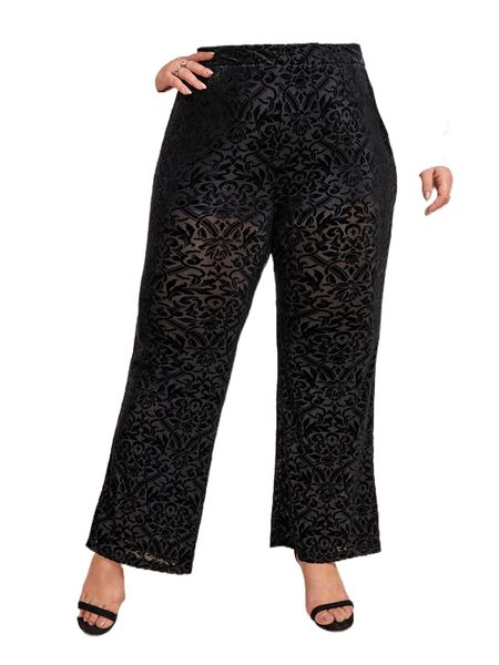 

plus floral straight leg velvet pants n5bz#, Black