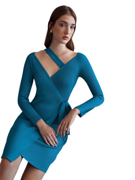 

wool mix wrap sweater dress x1e7#, White;black