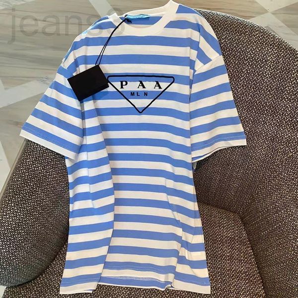 

women's t-shirt designer pra 2022 summer triangle letter print contrast stripe short sleeve women's simple loose 3da8, White