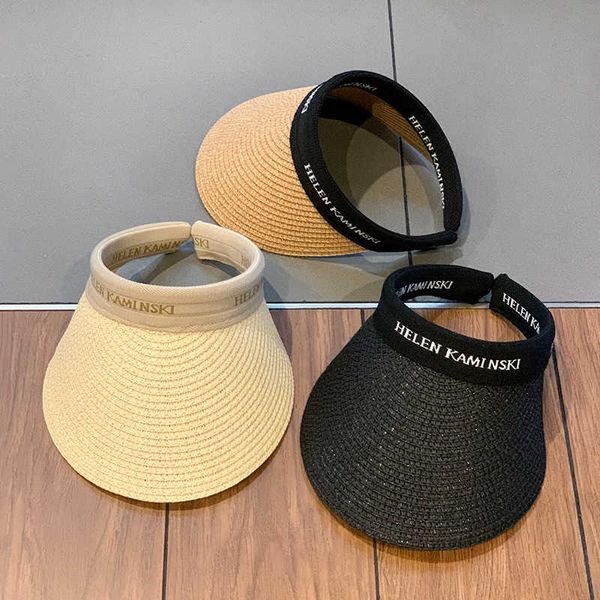 Verão 2022 mulheres tecer palha vazio top tampa de praia clip-on cor sólida grande borda larga uv proteção resipiente sun visor