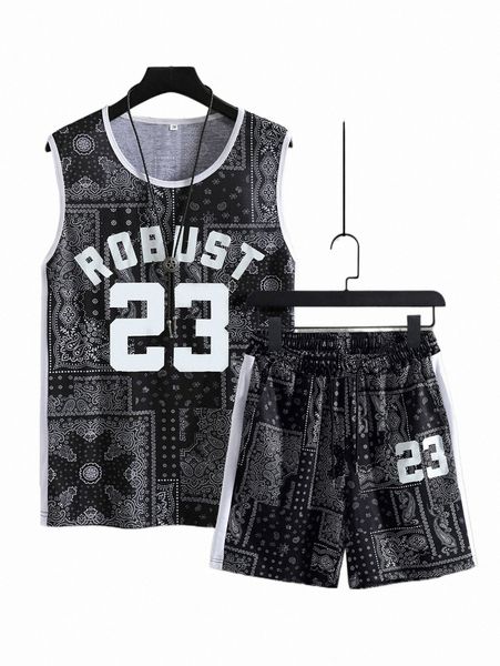 

men letter & paisley print tank & track shorts f3vb#, Gray