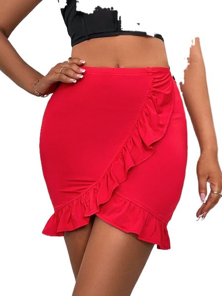 

sxy ruffle trim solid bodycon skirt l26b#, Black