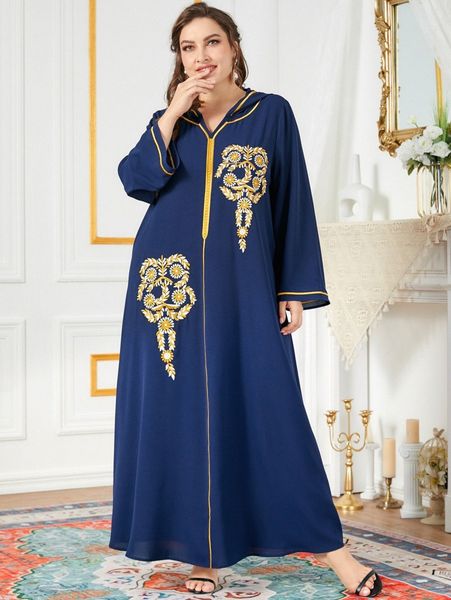 

plus floral embroidery contrast piping hooded maxi dress v1ku#, Black