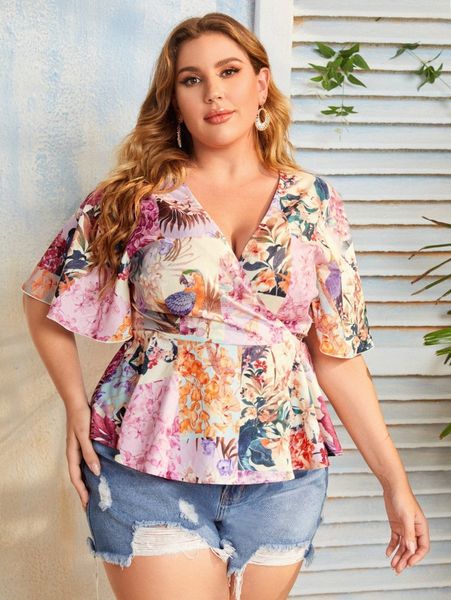 

plus floral print surplice neck peplum i9az#, Black
