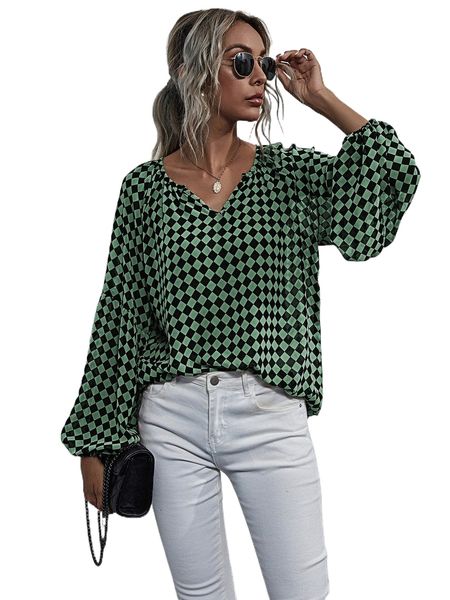 

notched checker bishop sleeve chiffon blouse f1ai#, White