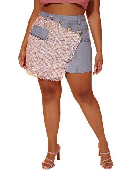 

sxy plus raw trim asymmetrical hem flap detail tweed skirt r2bq#, Black