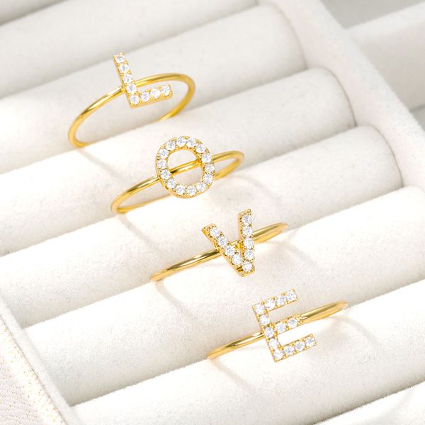 

tiny rhinestone initial letter zircon ring gold stainless steel 26 a-z couple rings for women men fashion adjustable jewelry friendship gift, Silver