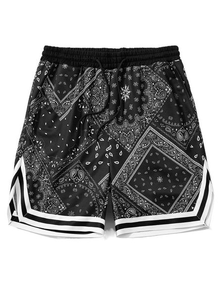 

men paisley print striped trim drawstring waist shorts w6xl#, White;black