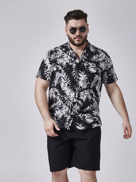

extended sizes men tropical print shirt & shorts set f6am#, Gray