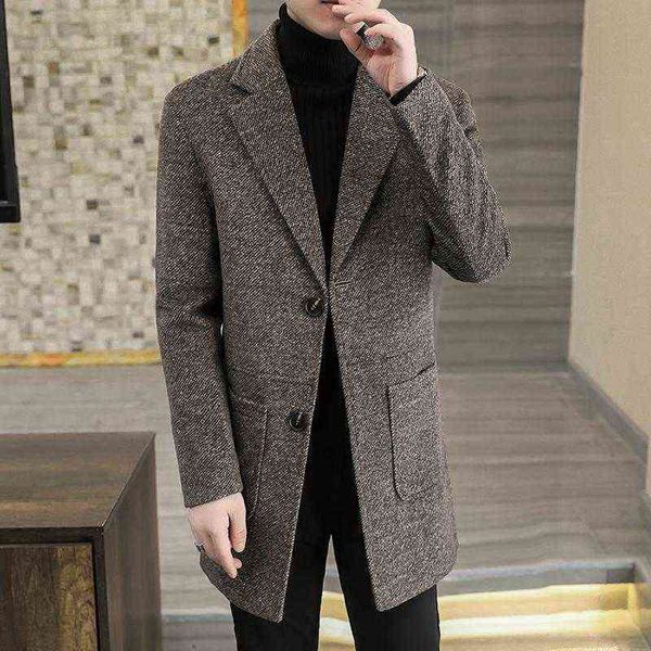 

men's wool & blends 2021 autumn winter cashmere thicker warm jackets solid color casual long woolen coat steetwear windbreaker t220810, Black