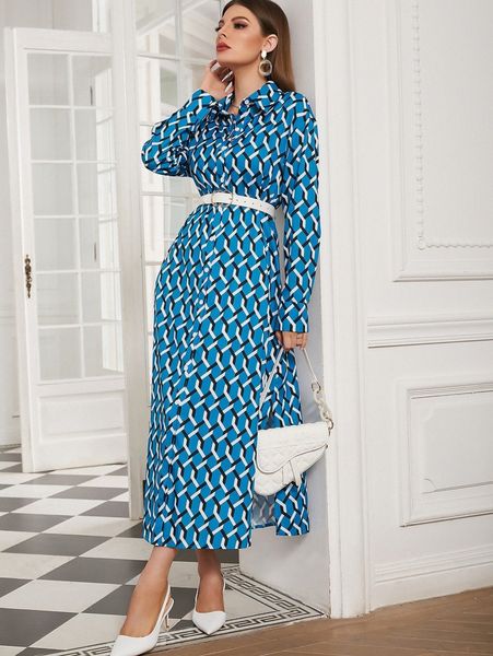 

allover geo print drop shoulder split hem shirt dress without belt f4op#, Black;gray