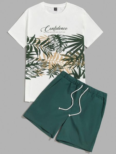 

men letter & tropical print tee and shorts set y1pj#, Gray