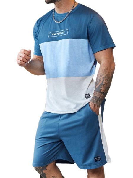 

men colorblock letter graphic tee with drawstring waist track shorts t6gd#, Gray