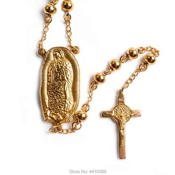 Colares de pingentes de aço inoxidável dourado Nossa Senhora de Guadalupe Rosário de Rosário