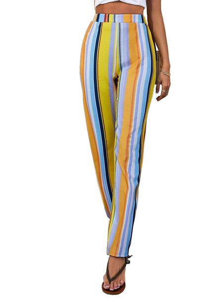 

high waist colorful striped pants t8o2#, Black;white