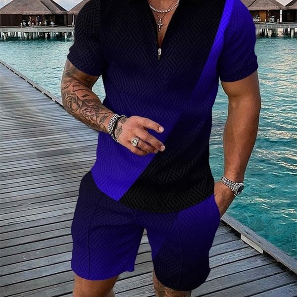 

summer mens tracksuit gradual printing short sleeve zipper polo shirtshorts set for men casual streetwear 2piece suit 220602, Gray